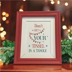 NEW Christmas Tinsel Plaque -- Red "Wood" Frame, Cardboard Mat, In-Box